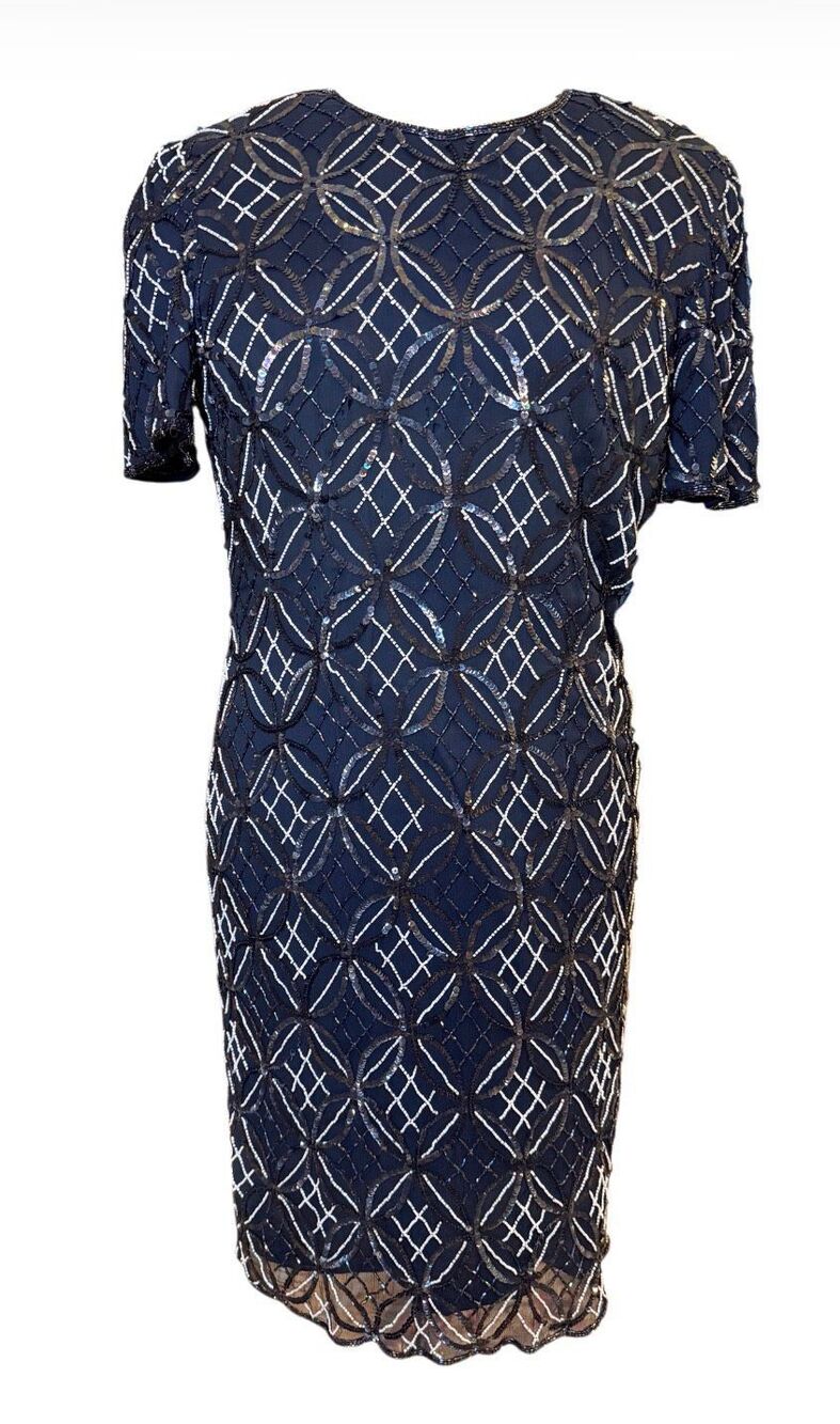 NWT Papell Boutique Vintage Navy Blue Silk Beaded Sheath Dress Sz. 14